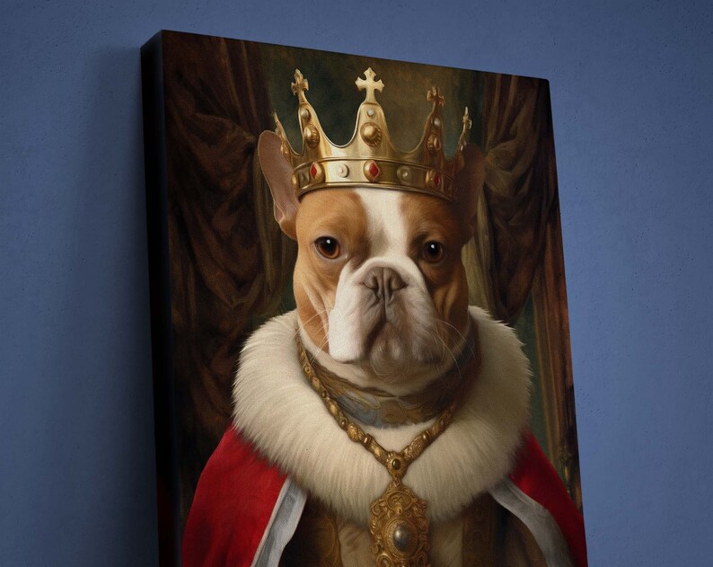 May include: A French Bulldog wearing a gold crown and a red and white robe. The dog is looking directly at the viewer.