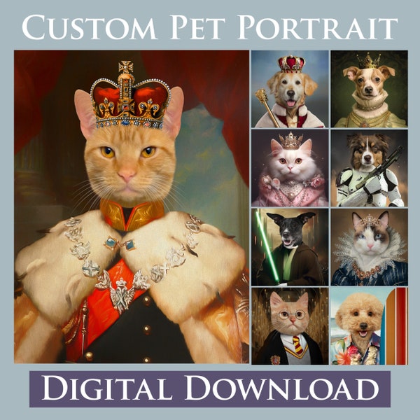 Custom Pet Portrait, Pet Portrait Custom, Dog Portrait, Cat Portrait, Regal Royal Canvas Painting, Personalize Art Gift, Gift for Pet Lovers