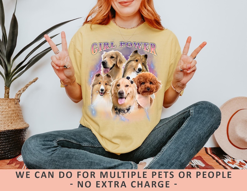 A personalized Comfort Colors 1717 t-shirt in a vintage, faded black or "Pepper" color, featuring a custom digital portrait of a dog on the front, centered on the chest. The dog is a golden retriever with a happy, smiling expression, its fur rendered in warm, natural tones with subtle artistic effects to give it a "bootleg" or retro graphic look. Below the dog's portrait, its name, "Buddy," is written in a distressed, blocky font, consistent with a vintage aesthetic.