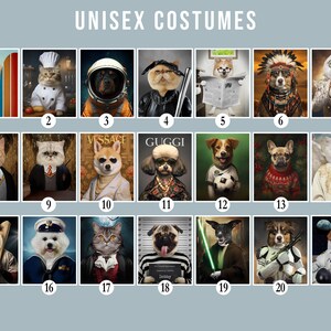 May include: A collage of 21 images featuring dogs and cats dressed in various costumes. The costumes include a chef, astronaut, baseball player, sailor, and more.
