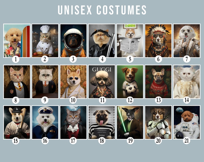 May include: A collage of 21 images featuring dogs and cats dressed in various costumes. The costumes include a chef, astronaut, baseball player, sailor, and more.