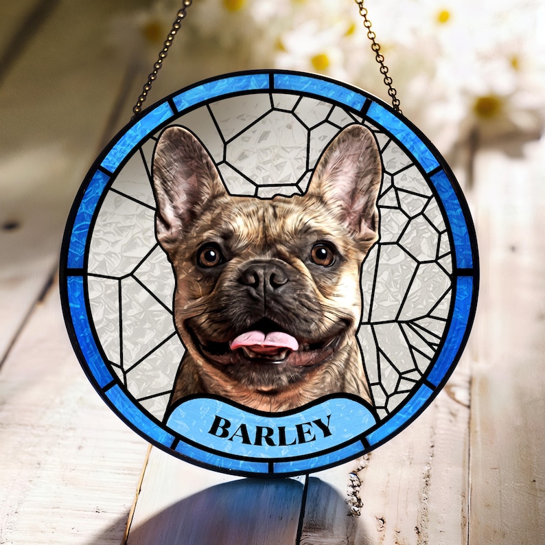 May include: Round stained glass window featuring a smiling brindle French Bulldog with the name "BARLEY" on a blue banner. The window has a blue border and a chain for hanging. The background is a light color.