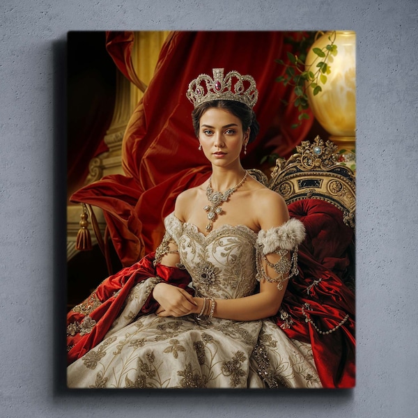May include: A woman wearing a white and gold gown with a red and gold robe, sitting on a throne with a gold crown on her head.