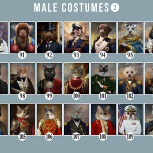 May include: A collage of 12 images featuring various animals dressed in different costumes. The animals include cats and dogs. The costumes include a boxer, a sailor, a king, a knight, and a general. The images are numbered from 90 to 110.