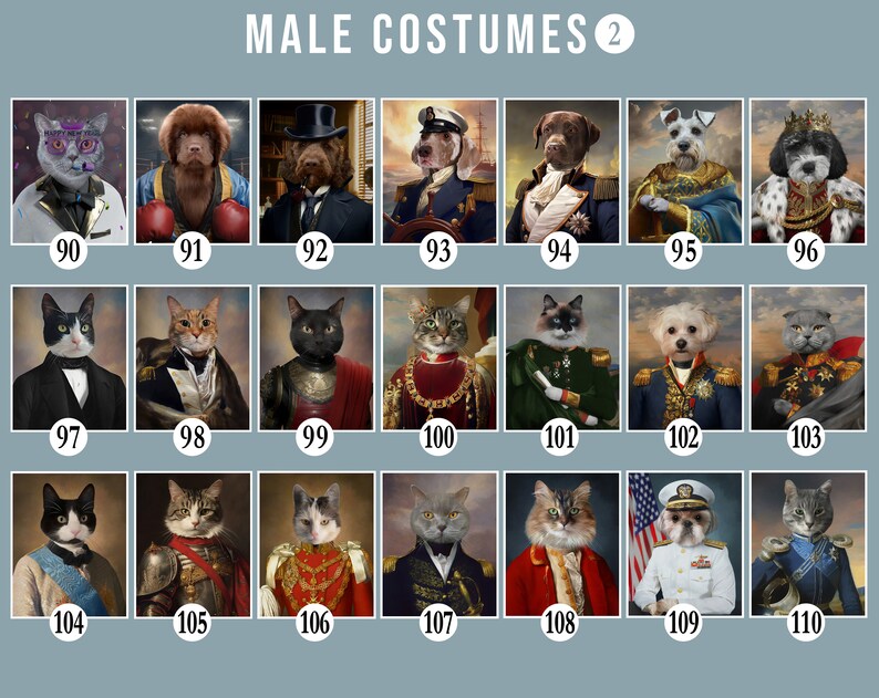 May include: A collage of 12 images featuring various animals dressed in different costumes. The animals include cats and dogs. The costumes include a boxer, a sailor, a king, a knight, and a general. The images are numbered from 90 to 110.