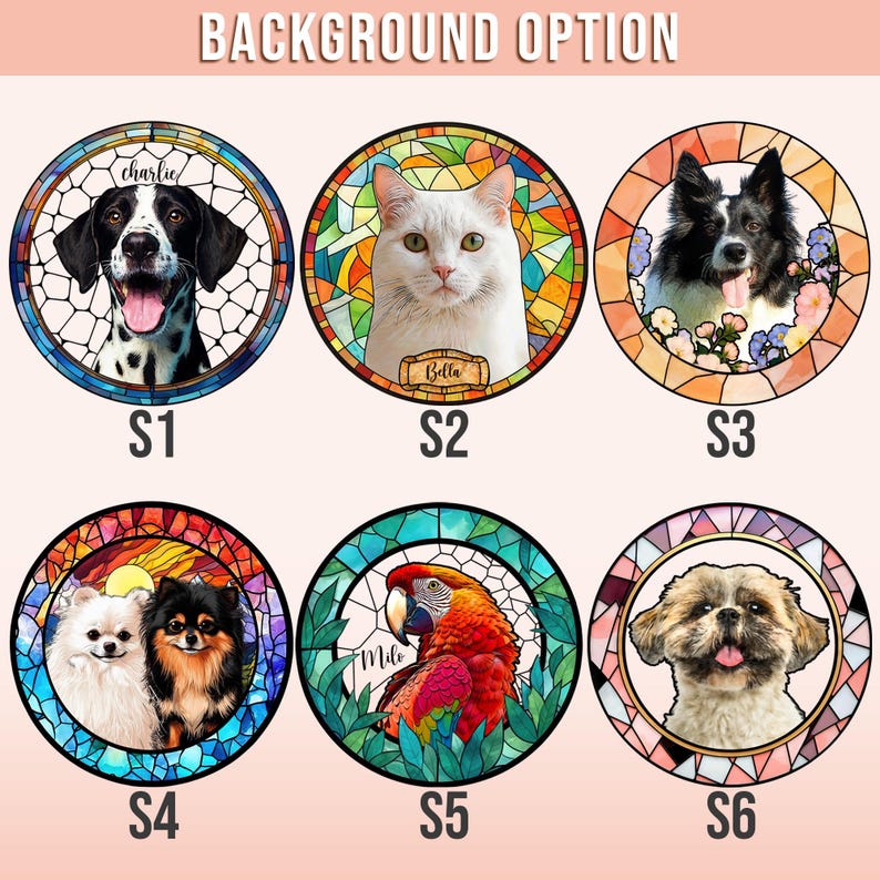 May include: Circular stained glass pet portraits featuring a variety of animals: a dog named Charlie, a white cat named Bella, a black and white dog, two Pomeranians, a parrot, and a Shih Tzu. Each portrait has a unique stained glass design.