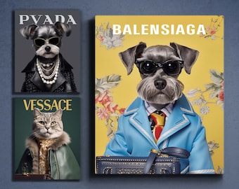 May include: Three images of dogs dressed in designer clothing. The first image is a black and white dog wearing a black leather jacket with a pearl necklace and the text "PVADA" above the dog. The second image is a black and white dog wearing a blue suit with a red tie and sunglasses. The text "BALENCIAGA" is above the dog. The third image is a gray and white cat wearing a green jacket with a gold chain and the text "VESSACE" above the cat.