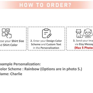 May include: Image with instructions on how to order a custom shirt. Steps include choosing shirt size and color, entering design color scheme and custom text, and sending images via Etsy message. Example personalization: Color Scheme: Rainbow, Name: Charlie.