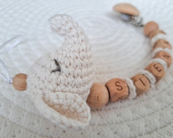 Personalised dummy clip elephant-crochet wooden dummy clip-MAM dummy clip- dummy chain-personalised baby gift-neutral new baby gift