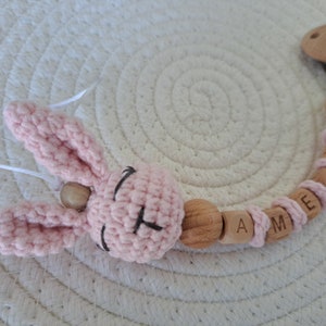 Personalised dummy clip bunny-crochet wooden dummy clip-MAM dummy clip-pink dummy clip-dummy chain-baby girl gift-personalised baby gift