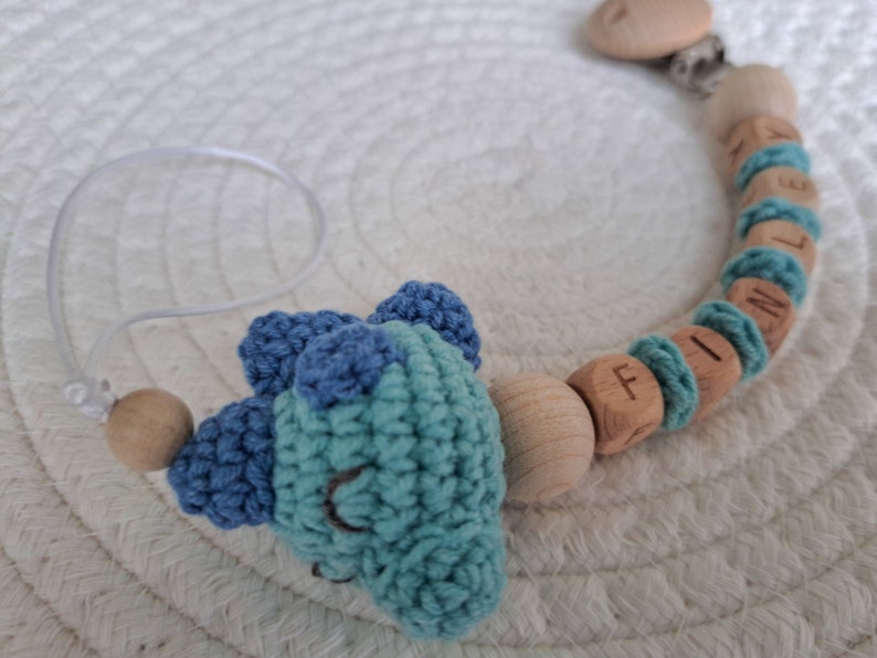 Personalised Dummy Clip Dinosaurcrochet Wooden Dummy Clipmam Dummy Clipdino Dummy Chainbaby