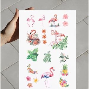 Full or Half Page Watercolor Tropical Flamingo Sticker sheet | Decorative stickers | Bullet Journaling | Junk Journaling | Scrapbook
