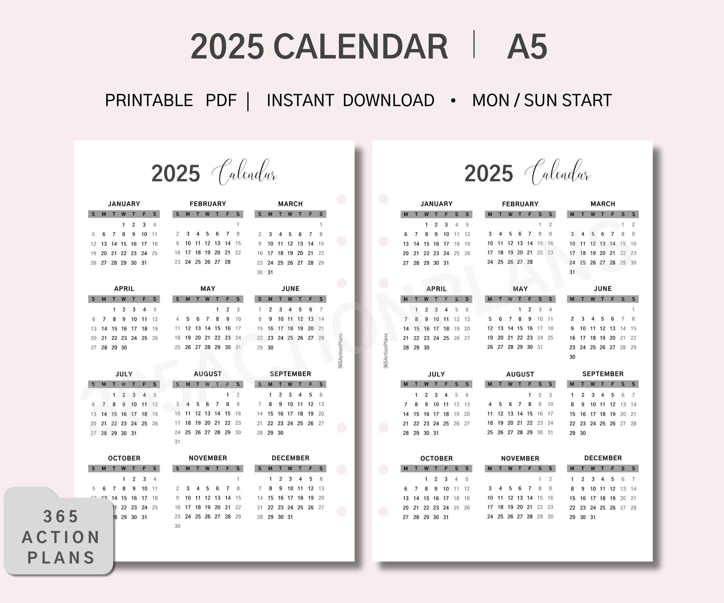 2025 Calendar Printable, Sunday & Monday Start, Minimalist Calendar, A5