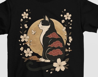 Kawaii Japanese Cat T-Shirt, Japanese Kawaii Cat Blossom & Moon Graphic Tee, Cute Kawaii Cat, Anime Cat Graphic Tee, Moonlight Black Cat Tee