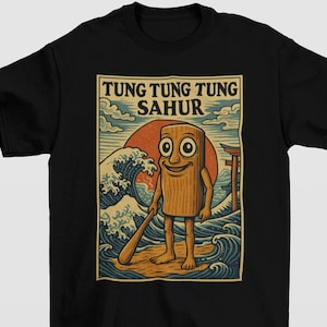 Tung Tung Tung Sahur Große Welle Weg von Kanagawa Tshirt, Kawaii Kleidung, Gehirnrot Shirt von Italienisch, Hokusai, Trendiges T-Shirt