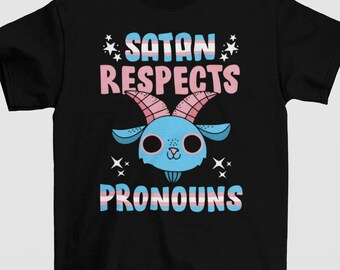 Satan Respects Pronouns Shirt, LGBTQ+ Pride Halloween Shirt, Pride Halloween Graphic Tee, Trans Pride Goat Tee, Inclusive Halloween Tee