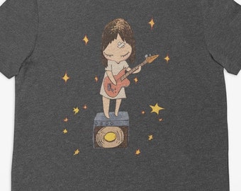 Yoshitomo Nara Guitar Girl And Star Graphic Tee, Coquette Japan Aesthetic Guitar Girl Tee