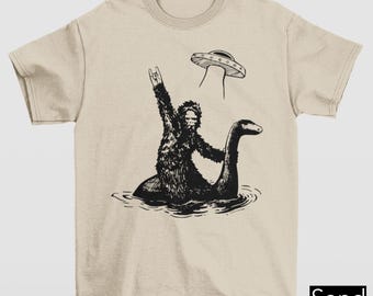 Funny Bigfoot UFO Abduction Shirt, Sasquatch, Hilarious Loch Ness Monster Shirt, Funny Sasquatch Graphic Big Foot Shirt