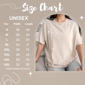 May include: Unisex size chart for a t-shirt with measurements in inches for width and length. Sizes range from S to 5XL.