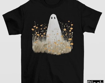 Maglietta grafica con simpatico fantasma spettrale tra i fiori, maglietta con fantasma spettrale, maglietta con fantasma in stile cottagecore, maglietta con fantasma floreale, maglietta di Halloween con estetica autunnale