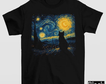 Van Gogh Inspired Starry Night Black Cat T-Shirt, Van Gogh Cat T-Shirt, Whimsical Van Gogh Cat Tee, Van Gogh Cat Shirt, Gift For Cat Lover