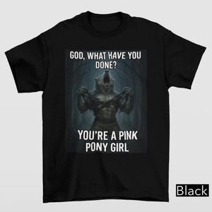 May include: Black t-shirt featuring a graphic of a werewolf transforming, with the text "GOD, WHAT HAVE YOU DONE? YOU'RE A PINK PONY GIRL." The shirt has a crew neck and short sleeves.