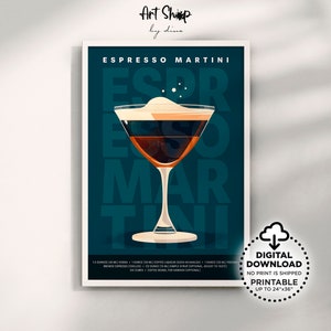 Klassieke cocktailposter afdrukbare muurkunst espresso martini, mixologie nostalgie: retro barwagenprint voor appartement, keuken, eetkamer en meer
