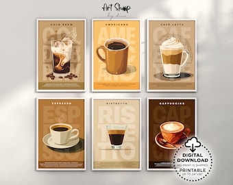 Coffee Posters Set of 6 Printable Wall Art, Retro Coffee Bar Decor Art Prints, Kitchen Decor, Coffee Guide Posters, Espresso, Latte and more