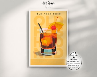 Classic Cocktail Old Fashioned Poster Printable Wall Art, Mixology Nostalgia: Retro Bar Cart Print for Apartment, Kitchen, Dining & more