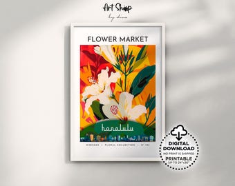 May include: A digital printable art print featuring a colorful illustration of flowers with the text "FLOWER MARKET" and "Honolulu" in a white frame. The print is part of a floral collection and is numbered 193.