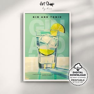 Póster de cóctel de gin tonic para pared, impresión de bebida alcohólica clásica con carrito de bar para apartamento, cocina, dormitorio, impresión de mixología retro
