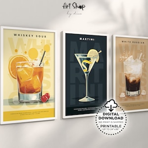 Conjunto de carteles de cócteles clásicos de 3 arte de pared imprimible, nostalgia de la mixología: impresiones de arte de carrito de bar retro, whisky amargo, martini, ruso blanco