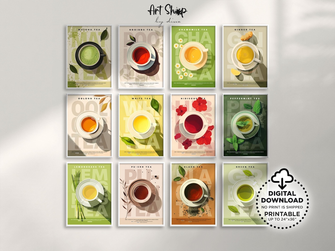 Set of 12 Tea Art Posters, Tea Lover Gift Printable Wall Art, Brewing ...