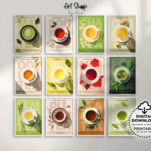 Set of 12 Tea Art Posters, Tea Lover Gift Printable Wall Art, Brewing Tea Guide Health Benefits, Kitchen Wall Art Breakfast Nook Prints