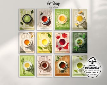 Set of 12 Tea Art Posters, Tea Lover Gift Printable Wall Art, Brewing Tea Guide Health Benefits, Kitchen Wall Art Breakfast Nook Prints