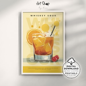 Whisky Sour Klasyczny koktajl Plakat do druku Sztuka ścienna, Mixology Nostalgia: Retro Bar Cart Alkohol Drink Art do mieszkania, kuchni, jadalni