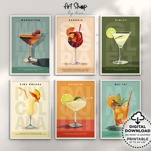 Conjunto de carteles de bebidas de cóctel clásico de 6 arte de pared imprimible, nostalgia de la mixología: impresiones de carritos de bar retro, Manhattan, Mai Tai, sangría y más