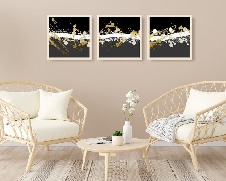 Black White Gold Printable Wall Art Set of 3, Modern Wabi Sabi Zen