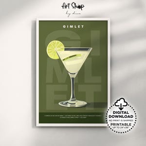 Póster de cóctel retro Gimlet, arte de pared imprimible, nostalgia de la coctelería: impresión clásica de bebida alcohólica en carrito de bar para apartamento, cocina, comedor