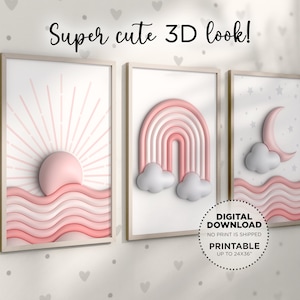Pink Boho Nursery Wall Art, Instant Download Printable Posters Set of 3, 3D Look Pastel Pinks Rainbow Sun and Moon Playroom Decor