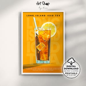 Póster de cóctel de té helado Long Island, arte de pared imprimible, impresión clásica de bebida alcohólica con carrito de bar para apartamento, cocina, dormitorio, mixología retro