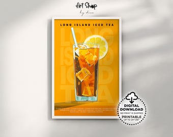 Long Island Iced Tea Cocktail Poster druckbare Wandkunst, klassischer Barwagen Alkoholgetränk Druck für Wohnung, Küche, Wohnheim, Retro Mixology