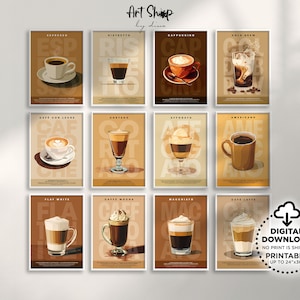 Juego de 12 impresiones artísticas de café, decoración retro de cafetería, arte de pared imprimible con descarga digital, carteles para amantes del café para la cocina, decoración de apartamentos