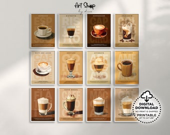 Set of 12 Coffee Art Prints, Retro Coffee Bar Decor, Digital Download Printable Wall Art, Coffee Lover Posters for Kitchen, Apartment Decor