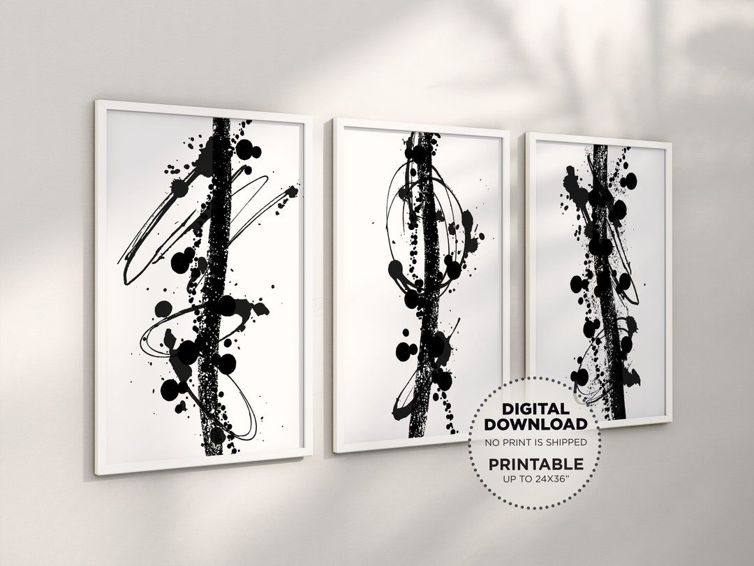 Black and White Abstract Printable Wall Art Set of 3, Splatter Painting ...