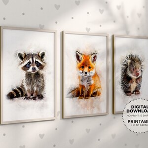 Forest Baby Animals Nursery Printable Wall Art, Raccoon Fox Porcupine Woodland Animal Prints, Boy or Girl Kids Room Decor Watercolor Art