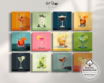 Square Set of 12 Classic Cocktail Prints, Retro Bar Cart Decor Alcohol Print, Digital Download Printable Wall Art, Colorful Bar Cart Art