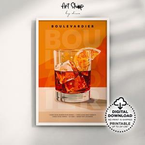 Póster de cóctel retro de Boulevardier para imprimir en la pared, nostalgia de la coctelería: impresión clásica de bebida alcohólica con carrito de bar para apartamento, cocina y dormitorio