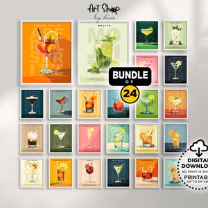 Puede incluir: Un conjunto de 24 impresiones artísticas digitales de cócteles imprimibles, cada una enmarcada en blanco. Las impresiones presentan ilustraciones coloridas de varios cócteles, incluyendo un Mojito y un Aperol Spritz. El paquete está disponible para descarga digital.