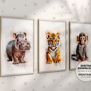 Jungle Decor Baby Animal Nursery Printable Wall Art, Tiger Monkey Hippo Zoo Animal Prints, Boy or Girl Kids Room Watercolor Safari Art Print